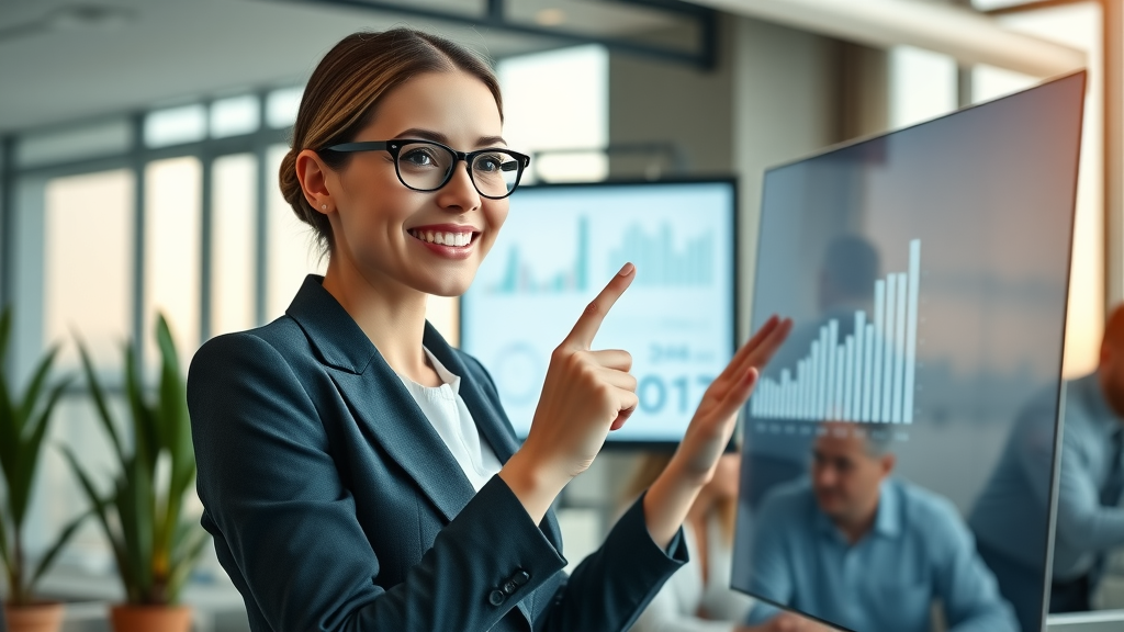 Businesswoman reviewing analytics on screen, illustrating content marketing for social media success