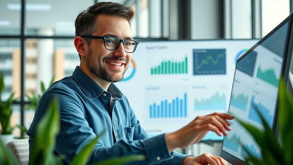Modern website dashboard showing successful on-page seo techniques and growth data, with an SEO strategist analyzing results. Photorealistic, lush office environment.
