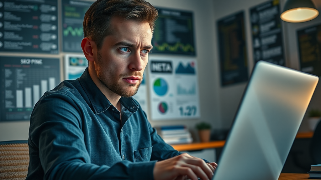 digital marketer adjusting meta tags for small business SEO, wall-mounted SEO charts and digital background, on-page optimization