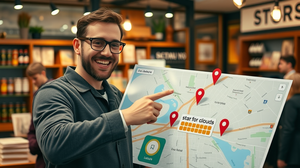 shop owner using local seo with location-based search terms on a city map for small business