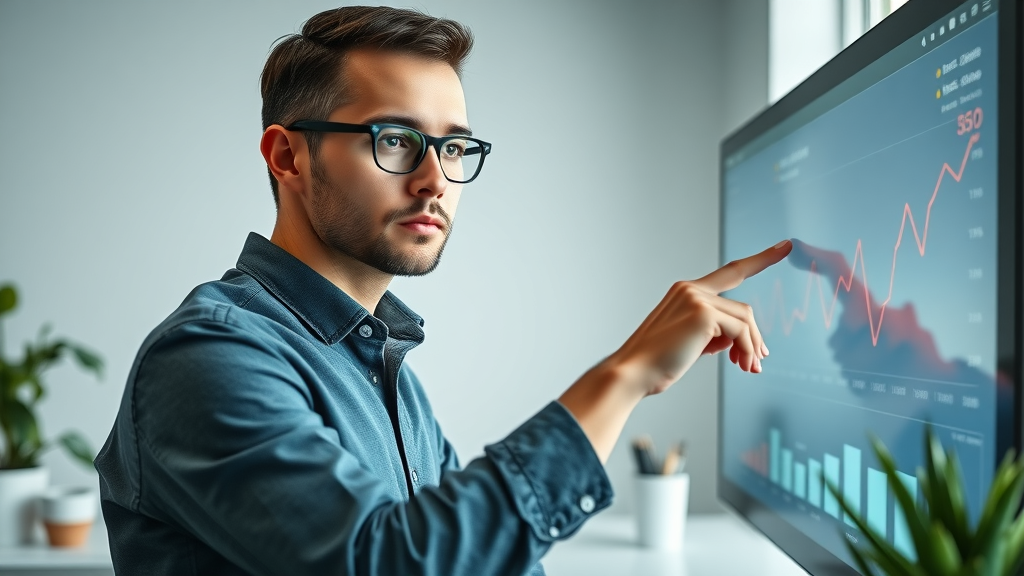 Innovative digital marketer analyzing SEO analytics dashboard, pointing at search engine ranking charts to demonstrate content marketing and SEO impact.