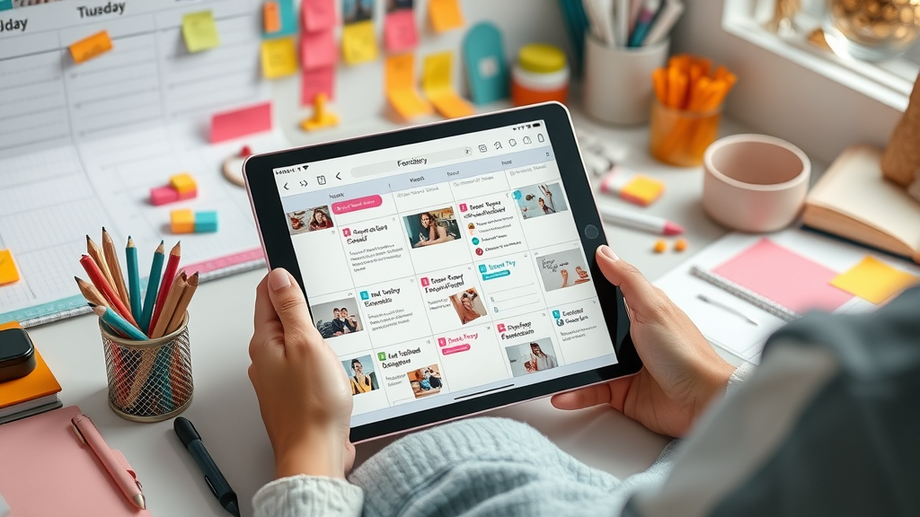 Organized digital content calendar for social media marketing strategies, highly detailed workflow, content planning tools and colorful workspace