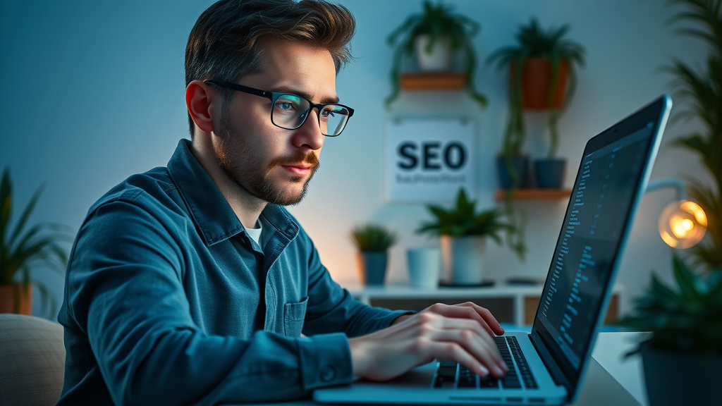 Focused marketing specialist optimizing website SEO content, editing meta tags and images for better search engine optimization in a modern digital workspace.