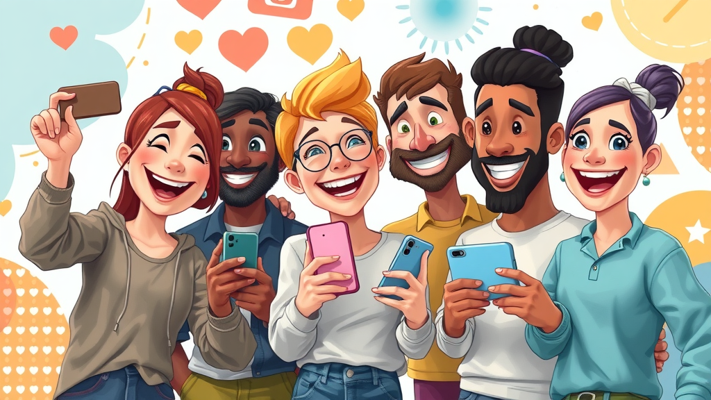 Diverse creators collaborating on digital social media content, joyful expressions, content creation