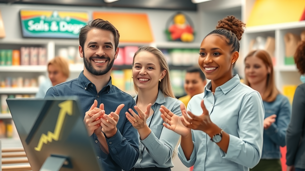 happy shop employees celebrating increase in sales after implementing keyword research for small businesses