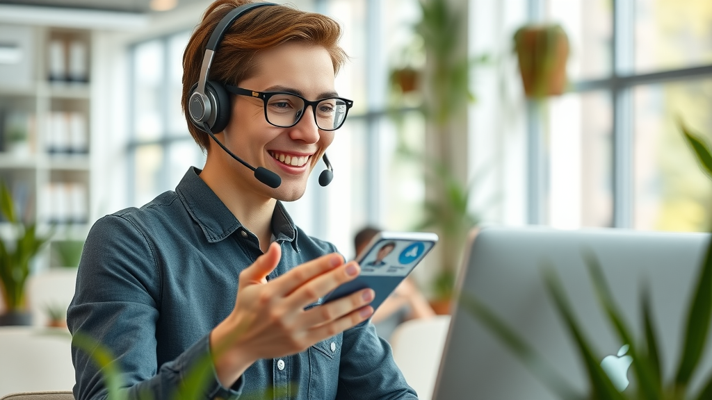 Social media customer service agent helping a satisfied customer, excellent customer service in social media strategy