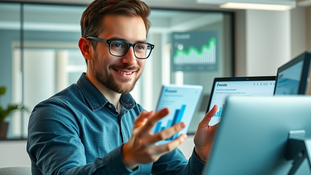 Creative professional reviewing social media campaign results, successful content marketing for social media