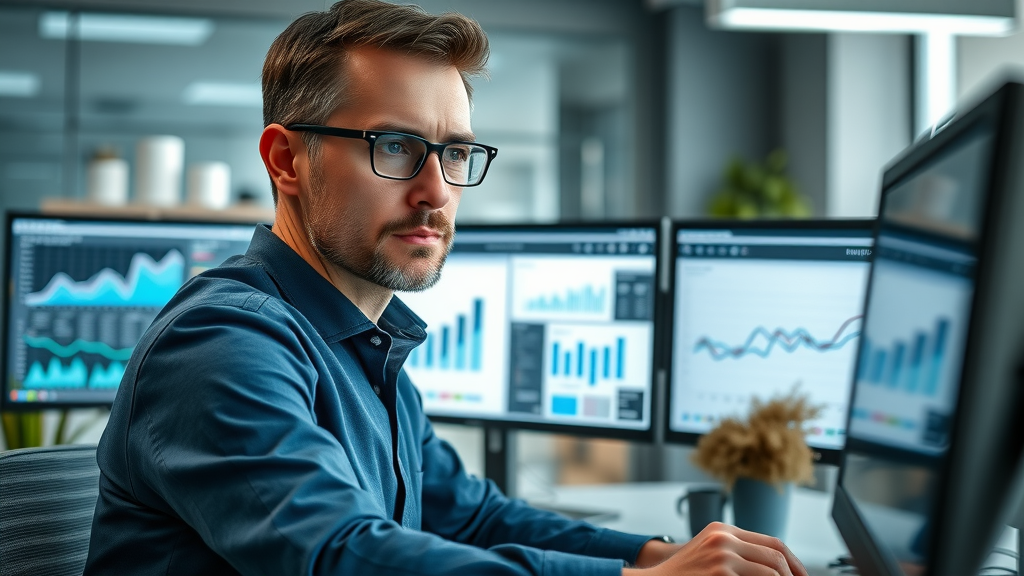 Analytical marketer reviewing SEO and content marketing ROI metrics on high-res monitors, evaluating growth in website traffic and conversion rates.