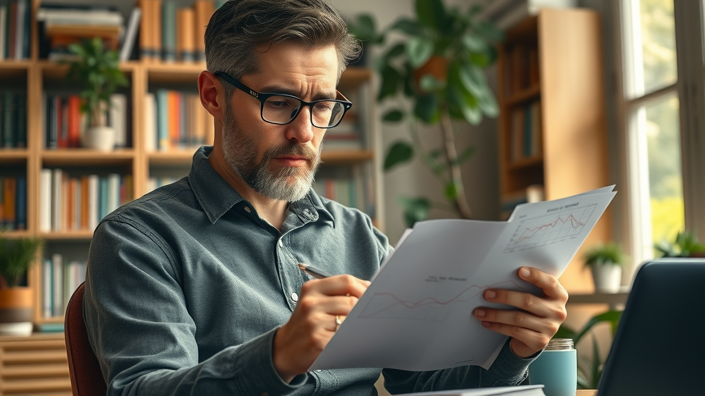 Insightful author drafting authoritative SEO content on a data-driven notepad, surrounded by books and greenery to represent expertise and trustworthiness.