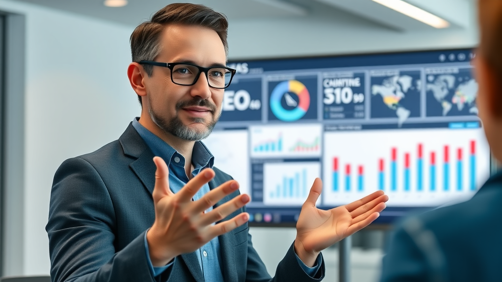 SEO service for small businesses - Consultant presenting results dashboard to client in modern office