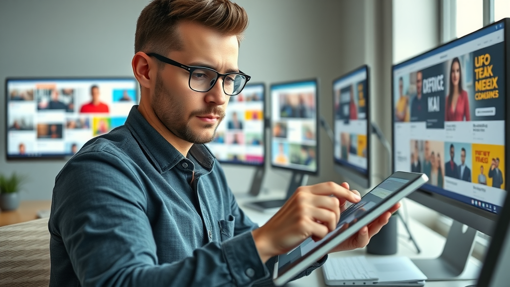 enthusiastic digital marketer creating high engagement social media content with colorful graphics in a modern workspace