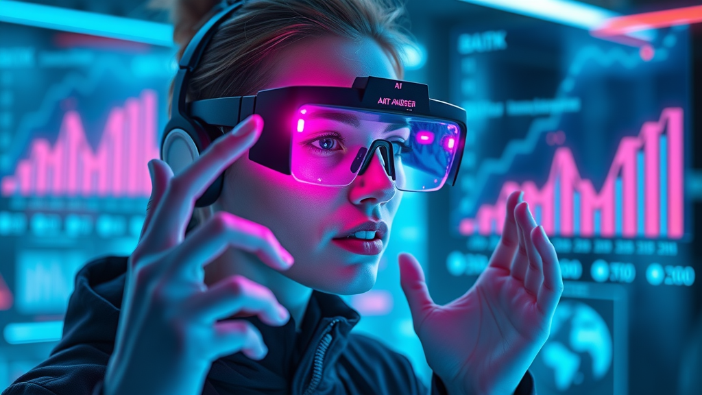 AI assistant visualizing social media engagement trends and data analytics using futuristic AR glasses