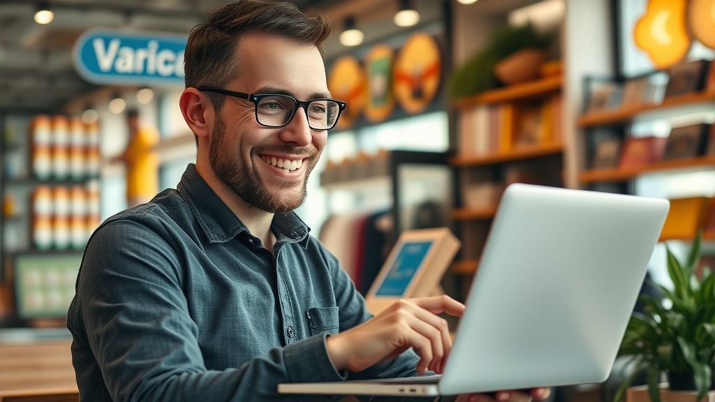 optimistic small business owner reviewing increased website analytics, cozy retail store, proof of local seo and small business seo strategy success