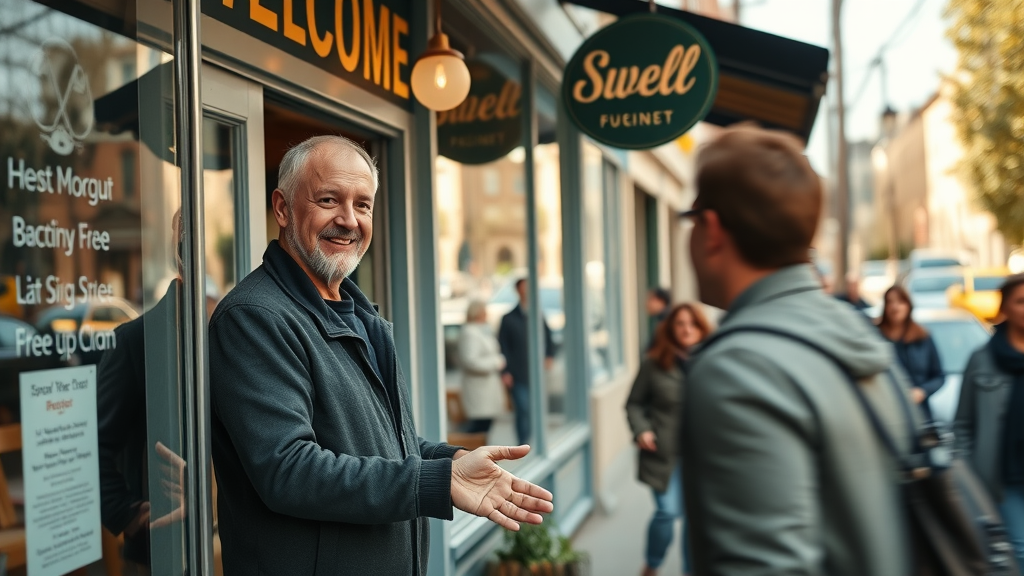 SEO for small businesses - Smiling local business owner greeting customer at entrance of small business storefront, bustling neighborhood, natural daylight