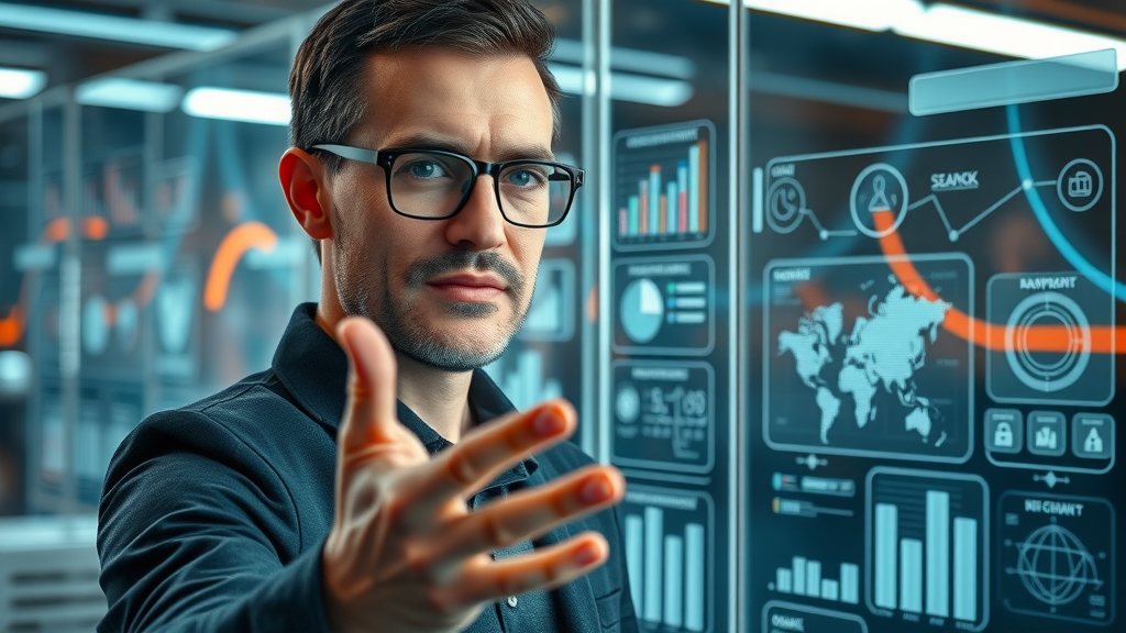 Content strategist mapping keyword clusters and aligning with user search intent using digital overlays and holographic charts.