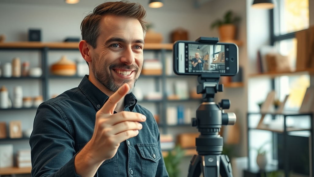 marketer filming product demo, content marketing for small business seo, optimizing visuals, window-lit business showroom