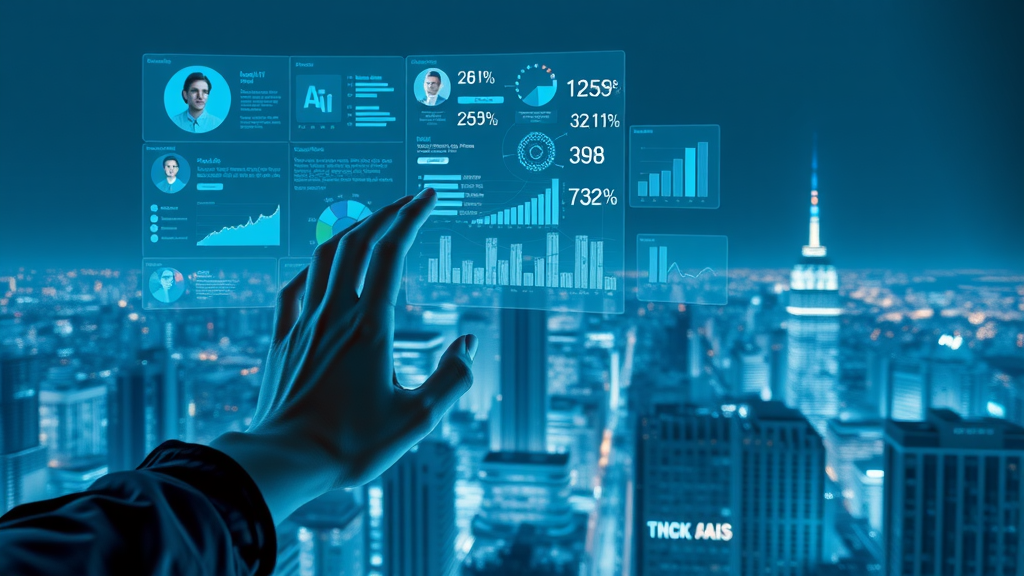 AI-powered algorithm interface analyzing engagement on social platforms with digital charts and glowing profiles over a city skyline