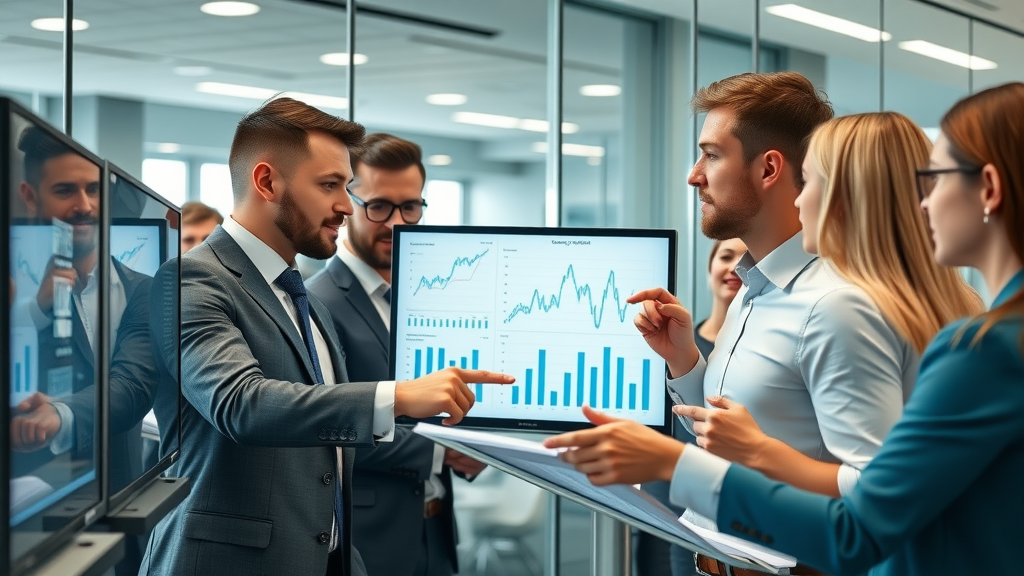 Professional business team analyzing social media engagement charts, best social media marketing strategies, collaborative marketing team reviewing analytics, modern digital office setup