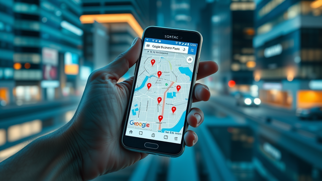 hand holding smartphone with Google Maps showing local business for seo strategy
