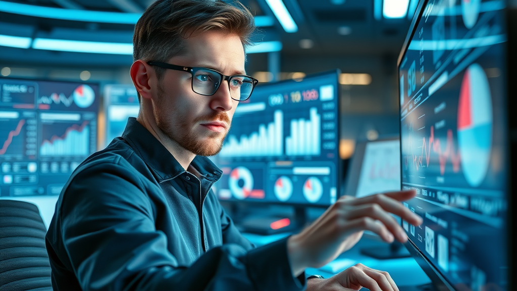 digital marketer using advanced analytics software for data-driven marketing insights, futuristic workspace