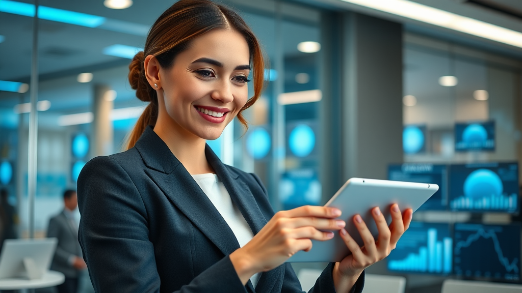 Confident businesswoman reviewing AI chatbot performance analytics in a modern office.