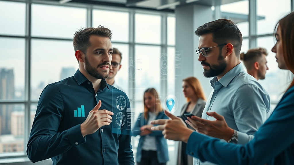 ai-powered content creation team collaborating with holographic AI interfaces in a modern open office