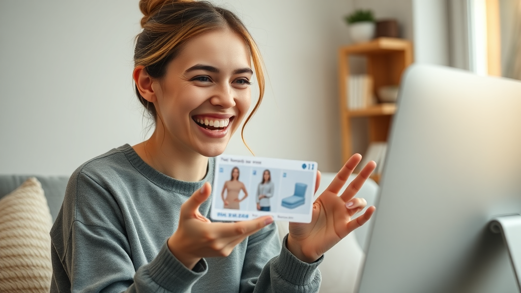 Smiling shopper receiving AI-generated product recommendations during an online purchase.