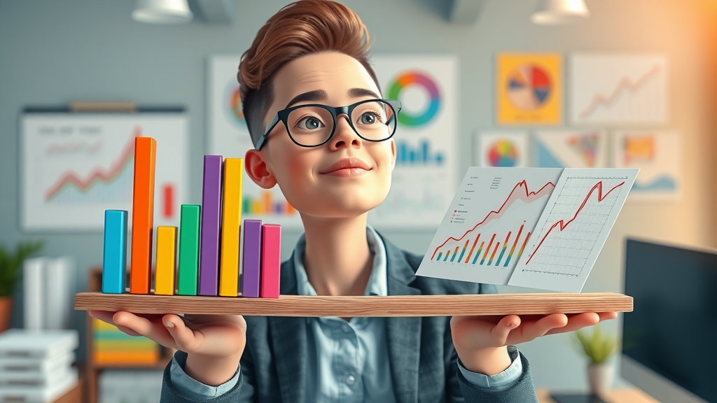 creative strategist balancing analytics and creativity, colorful data bars and sketches in split-office