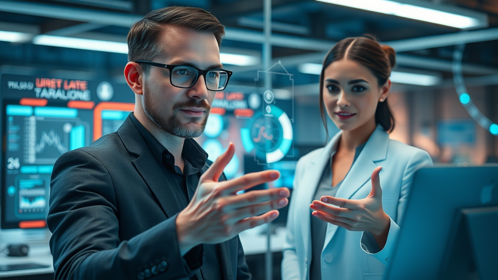 innovative marketers interacting with AI systems, transition in digital marketing technology, natural language processing market, futuristic workspace