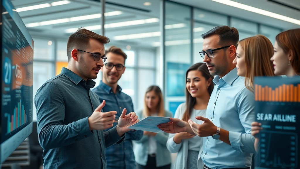 cutting-edge marketing team, analyzing data dashboards and AI-driven insights, modern digital marketing office with collaborative team, natural language processing in marketing, vibrant workspace