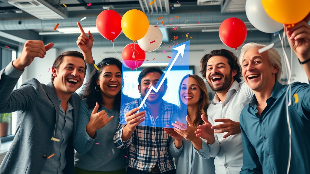 team celebrating upward sales growth with data-driven marketing insights, vibrant office