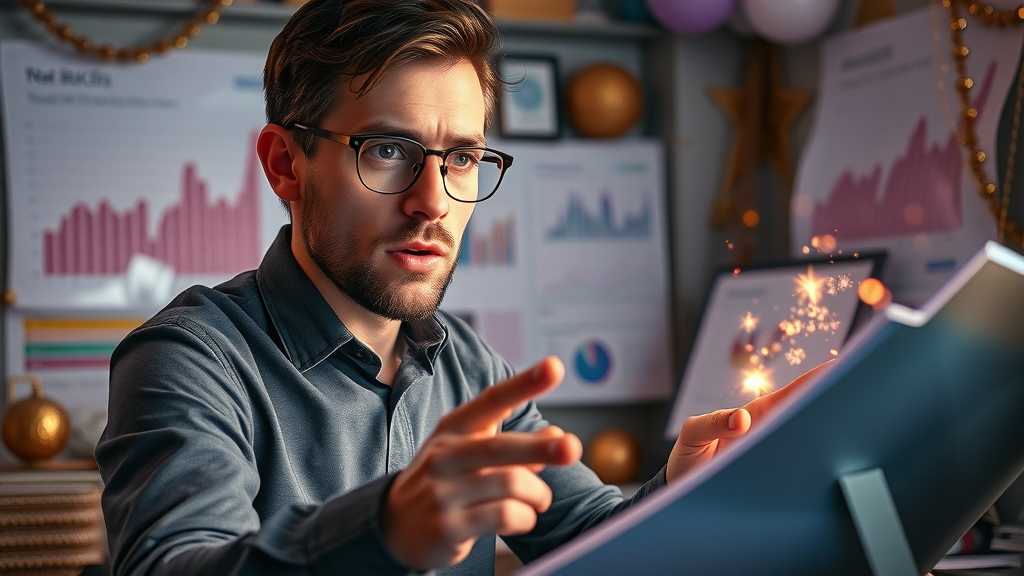 ecommerce specialist analyzing sales data trends for marketing insights, workspace with floating data points