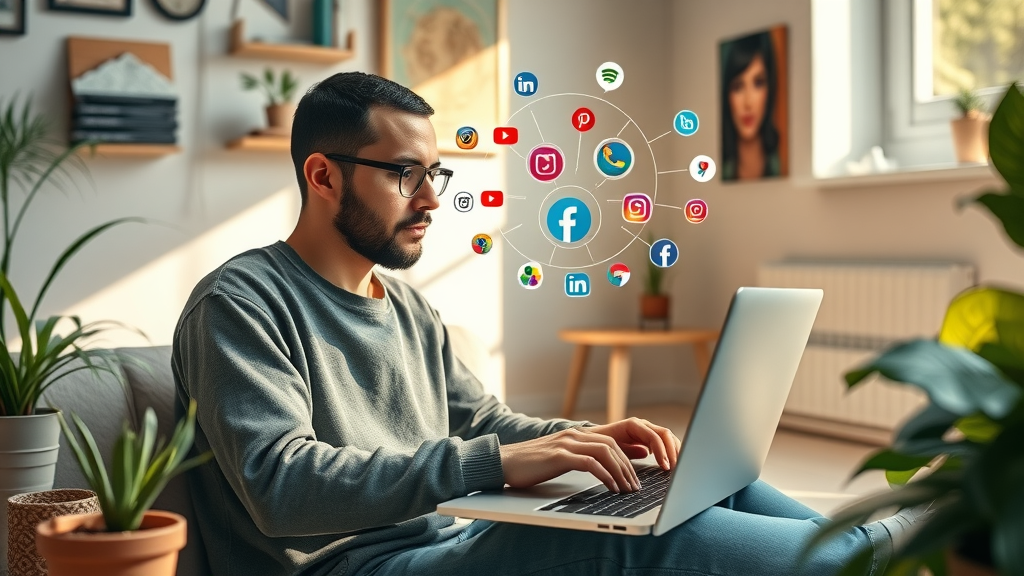 content creator using ai-powered laptop for social media automation content creation