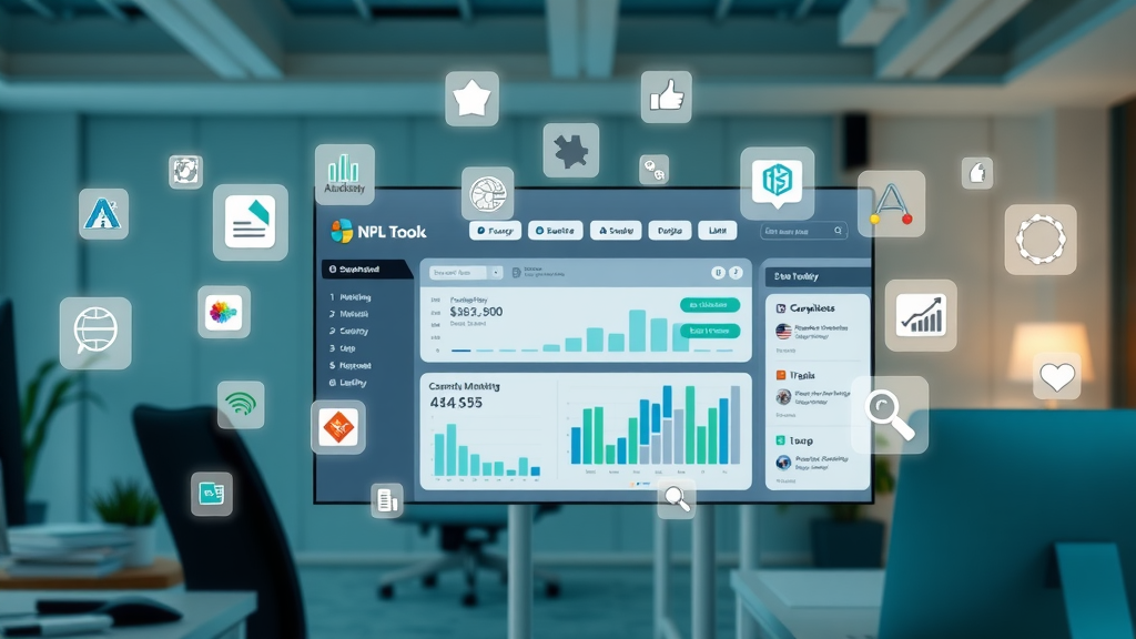 cutting-edge SaaS dashboard displaying top NLP tool logos, digital marketing team workspace, natural language processing interfaces