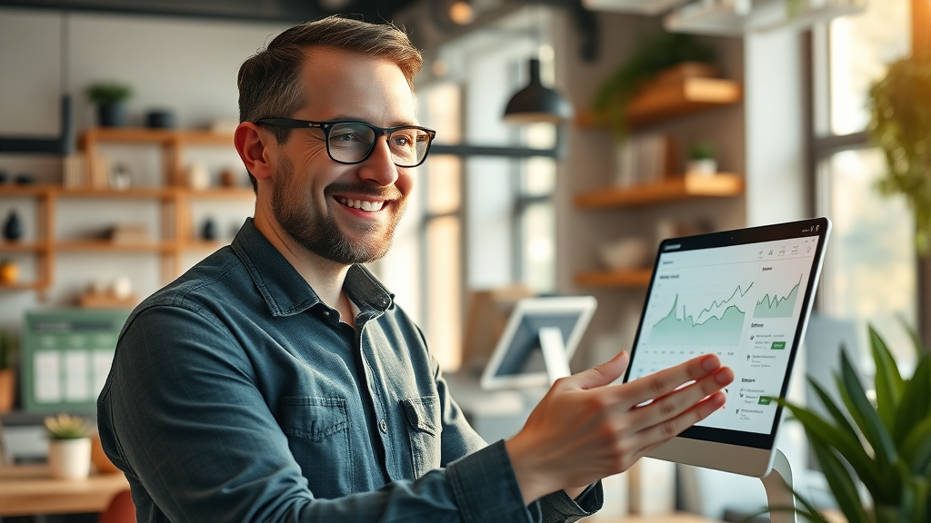 successful small business owner reviewing increased social media analytics on AI-powered dashboard
