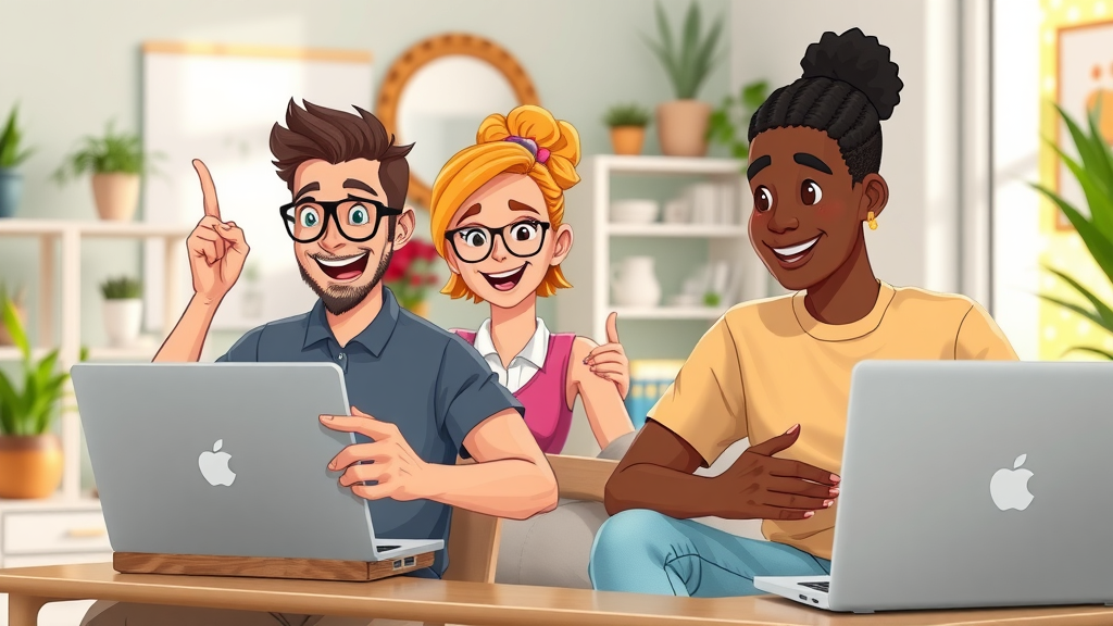 aspiring content creators using easy AI software on laptops in vibrant inclusive home office settings