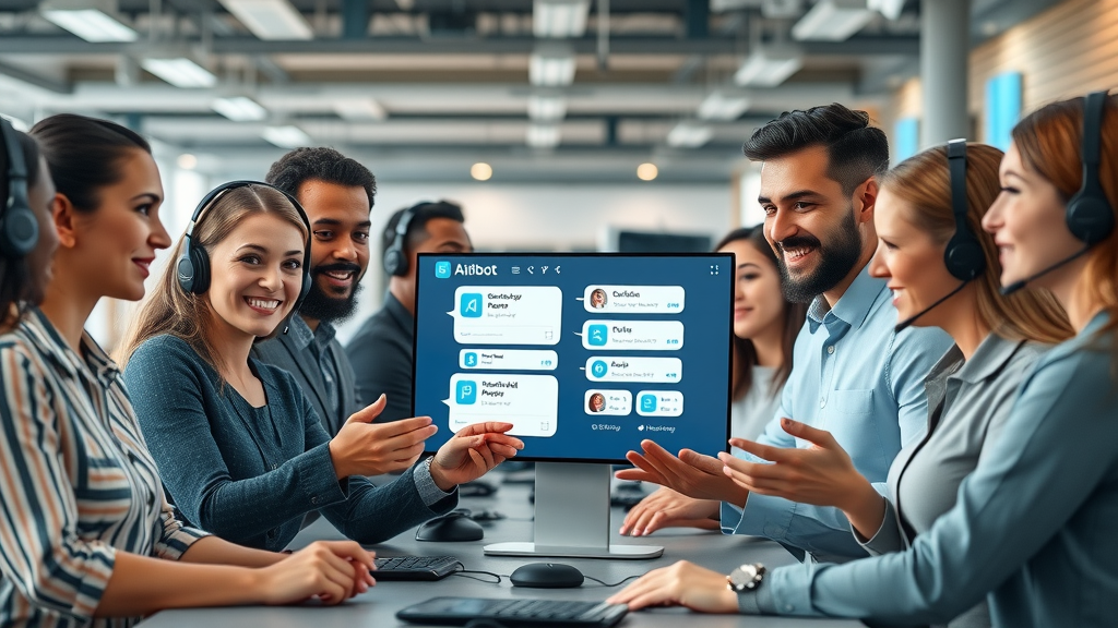 Diverse customer support team collaborating with AI chatbot for marketing in a modern workspace.