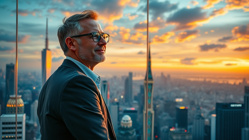 ai innovation business leader overlooking digital city and rising AI-driven marketing trend lines at sunset