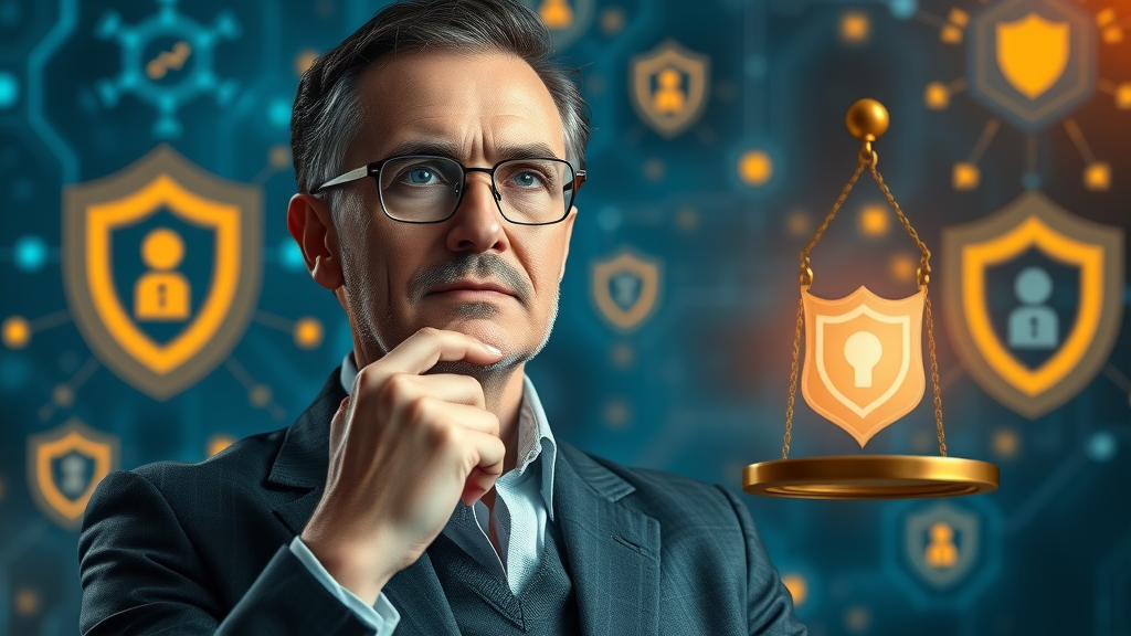 business leader considering data privacy risks and opportunities, AI privacy shield, natural language processing in marketing ethics