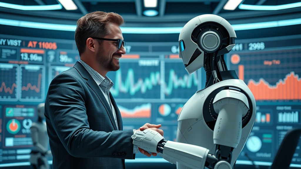 Professional human agent shaking hands with a friendly AI robot in a digital marketing workspace.