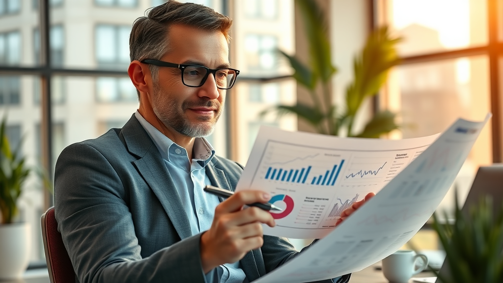 business analyst reviewing marketing reports for data-driven insights, executive office, notes, charts