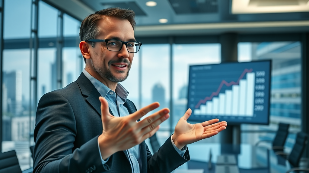 marketing manager presenting growth charts, data-driven marketing strategy presentation, digital display statistics, boardroom scene