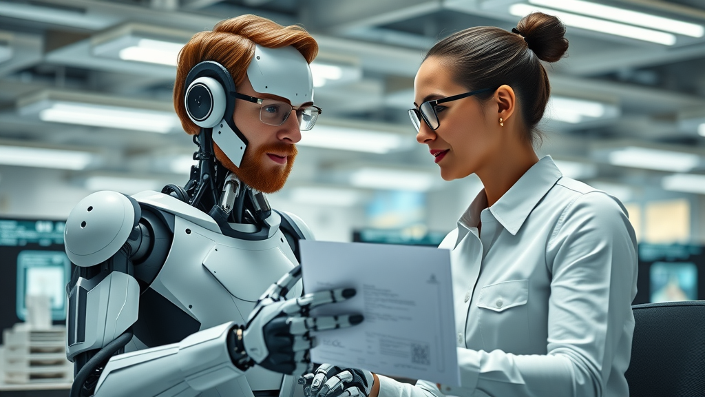agentic AI marketer and humanoid AI robot brainstorming digital marketing plans in a collaborative workspace