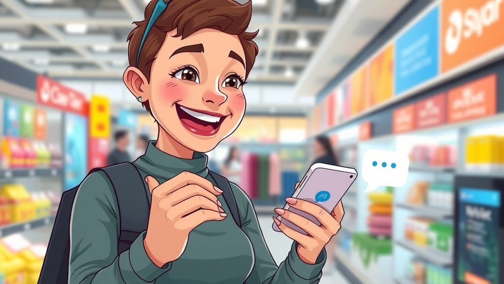 Happy retail customer chatting with AI-powered chatbot for marketing in-store.