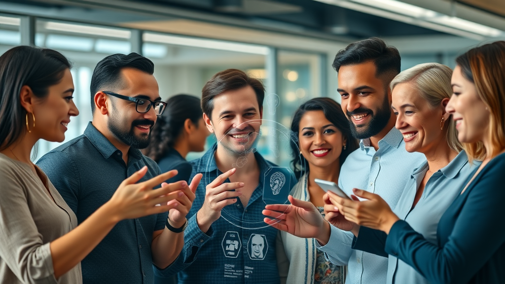 ai agents diverse marketing team brainstorming with holographic AI elements and digital projections in a high-tech workspace