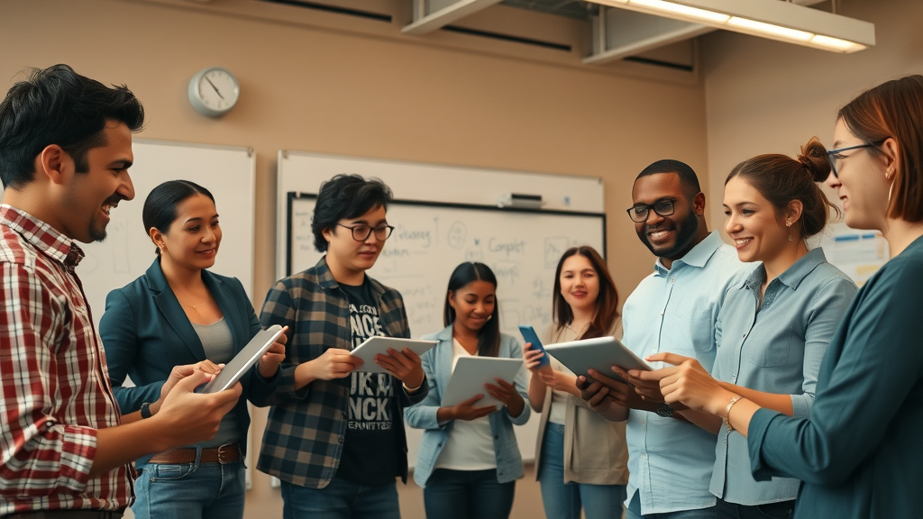 diverse creative professionals using AI-powered devices and collaborating with interactive tablets for content creation